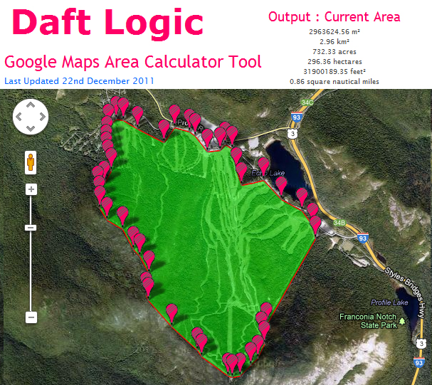 Google Earth acreage calculation of Cannon Mountain terrain closed to foot use